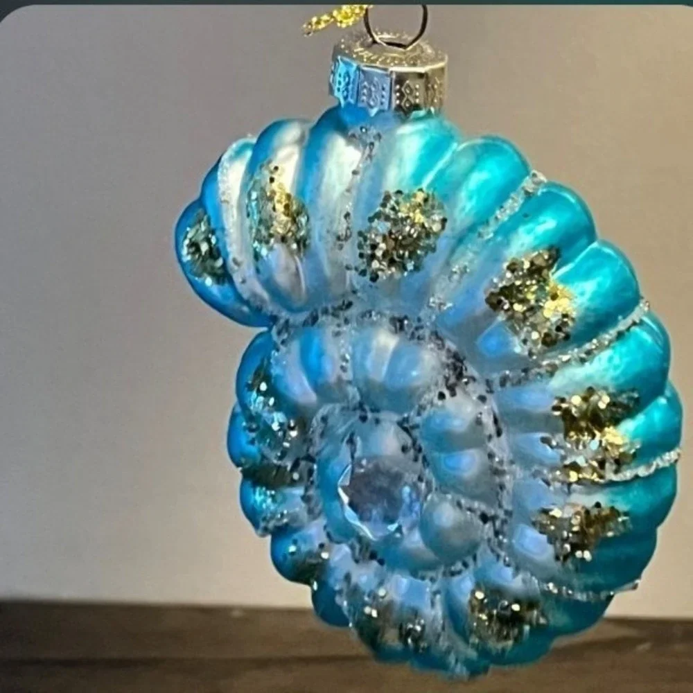 Glass Seashell Christmas Ornament Turquoise Blue Gold Glitter Jeweled 3.5